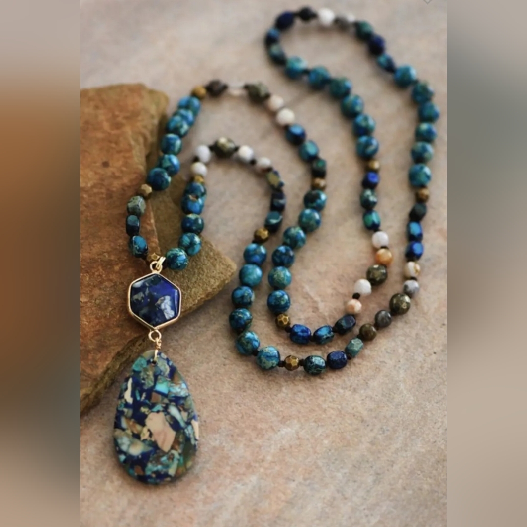 1078 Blue Mosaic Stone Beaded Pendant Necklace 50$
